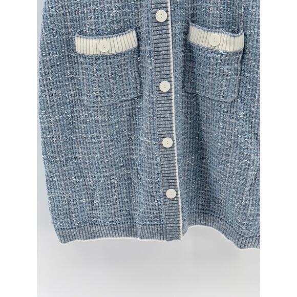 GOELIA Women's Blue-White Knit V-Neck Gathered Waist Button-Up Mini Dress SZ XS - Picture 6 of 12